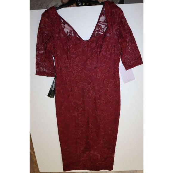 JS Collections Sz 12 Maroon Mesh Lined 3/4 Sleeve Midi Cocktail Sheath Dress $22 - Picture 6 of 8